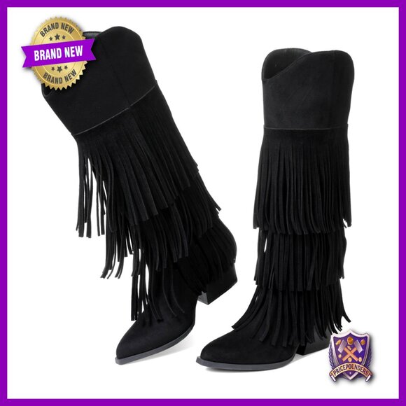 Retro Cowgirl Boots Pointed Toe Chunky Heel Fringe Western Suede Knee High